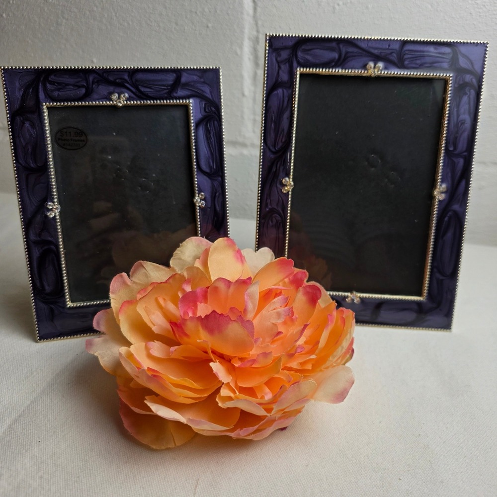 Navy Blue Enamel Swirl Photo Frame Set Silver Bead Rhinestone Tabletop